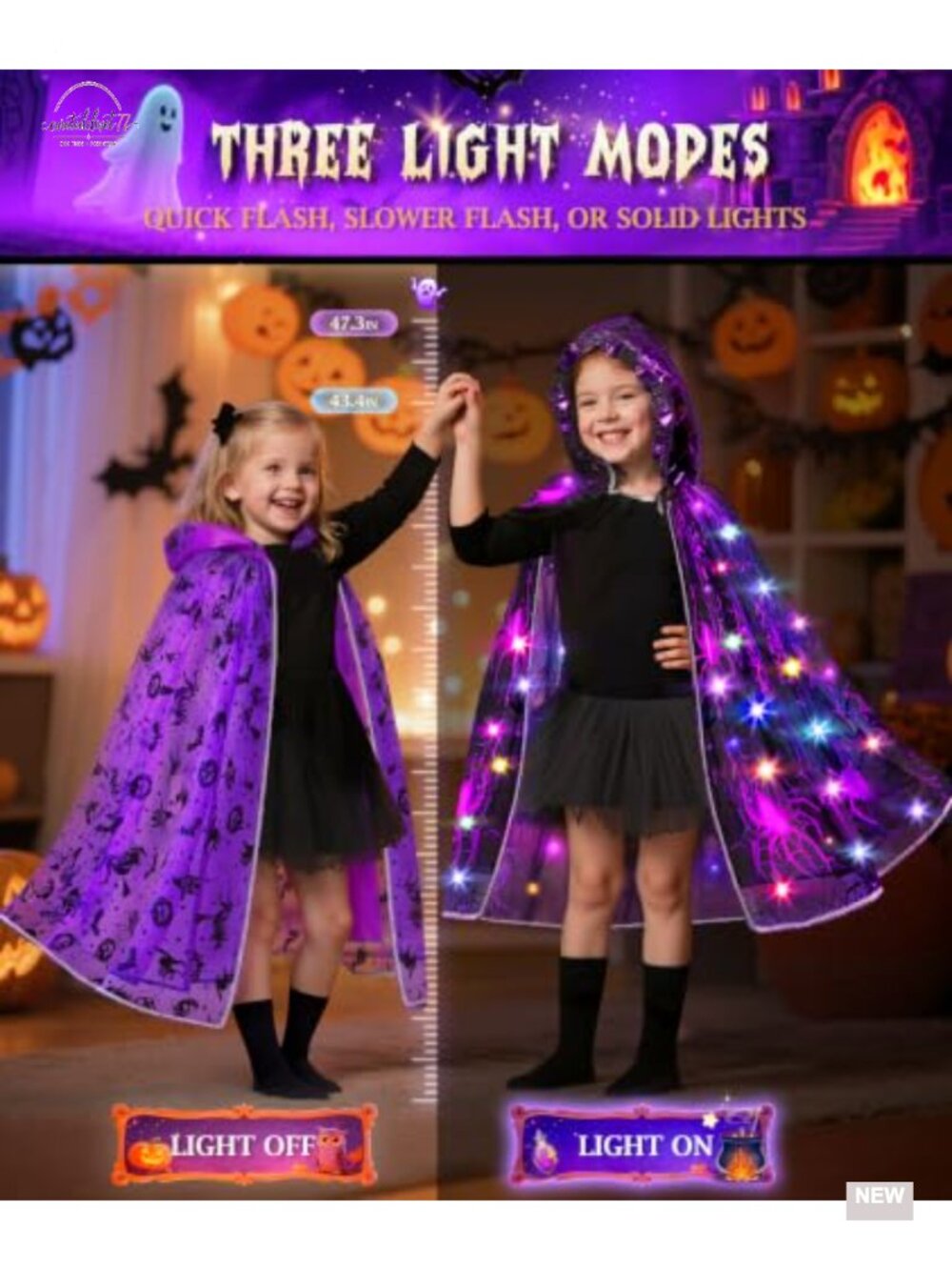 Girls Light Up Witch Cape Halloween Costume Set with Trick or Treat Bag - Picture 5 of 6